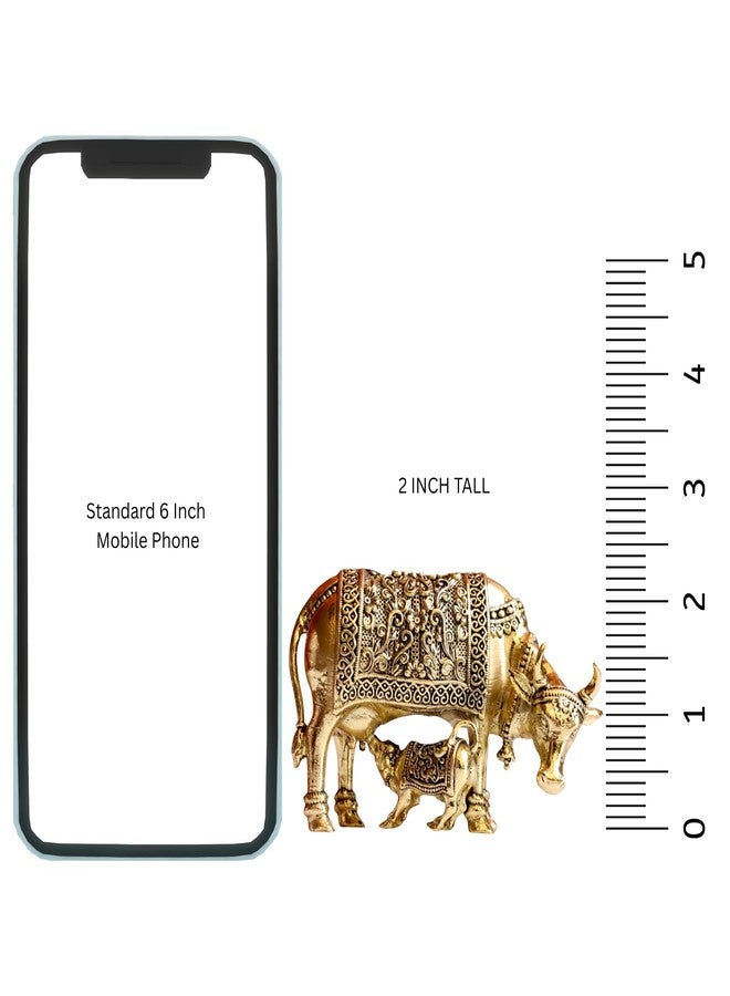 RAISOM Pure Brass Kamdhenu Cow with Calf Idol | Small Size Kamdhenu Gau MATA Sculpture for Showpiece, Temple, Gifting | Hand Engraved Design with Everlasting Shine | Height: 2", Weight: 120 GMS - Image 2